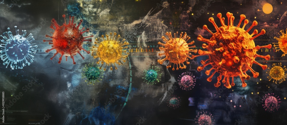 Poster an artistic representation of virus mutations over time, showing the evolution of different strains