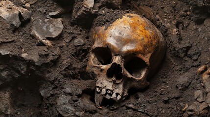 2410_086.partially unearthed human skull, embedded in dark soil, weathered bone texture, archaeological discovery scene, muted earthy tones, high-detail macro photography