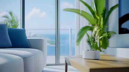 Sleek and minimalist living room design featuring high tech air conditioning system and large windows bathed in cool blue tones for a refreshing summer ambiance  The space showcases simplicity