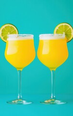 Pair of refreshing yellow cocktails with lime slices, vibrant background.