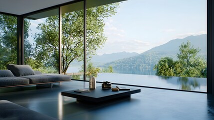 Sleek and minimalist living room design featuring high tech air conditioning system and large windows bathed in cool blue tones to create a refreshing and comfortable summer ambiance