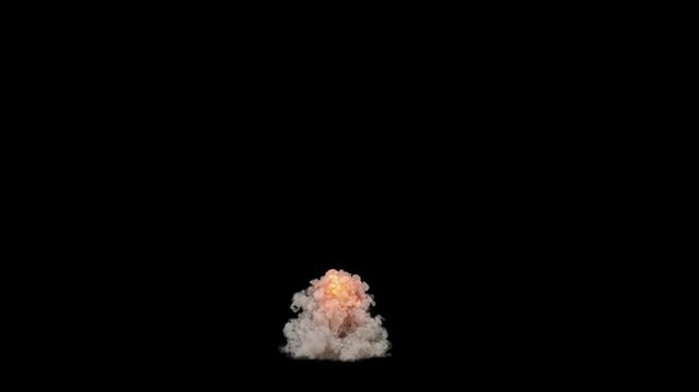 White smoke billows from rocket or missile launch as bright thrust rises, alpha channel for transparent background, 24P