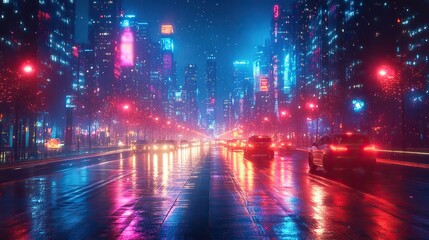 Obraz premium A neon cityscape with moving cars and bright lights, depicting a lively and energetic urban setting.