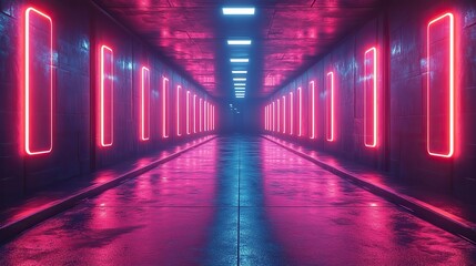 A neon grid tunnel representing a digital journey into the future with vibrant, glowing paths.