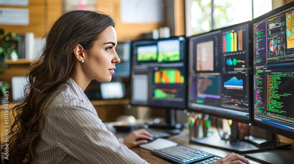 Poster Business woman using a computer with multiple monitors. 