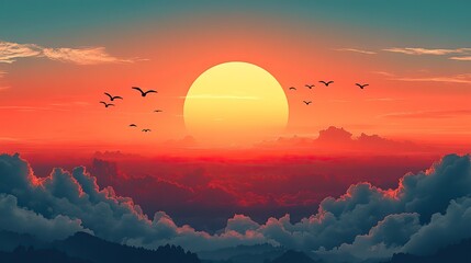 A new day dawns with a rising sun, flying birds, and white clouds.