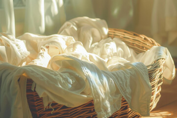 Closeup of freshly laundered clothes in a basket sunlight casting soft shadows