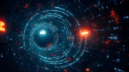 Fototapeta premium Glowing Digital Grid Mesh Forming a Futuristic Tunnel like Perspective