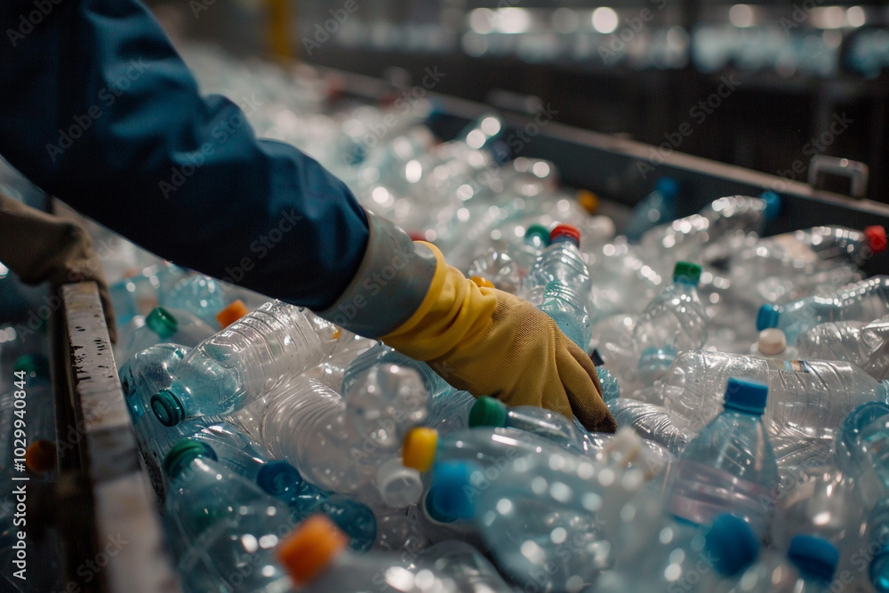 Poster close-up of gloved hands sorting plastic bottles on a conveyor a testament to the dedication in recy