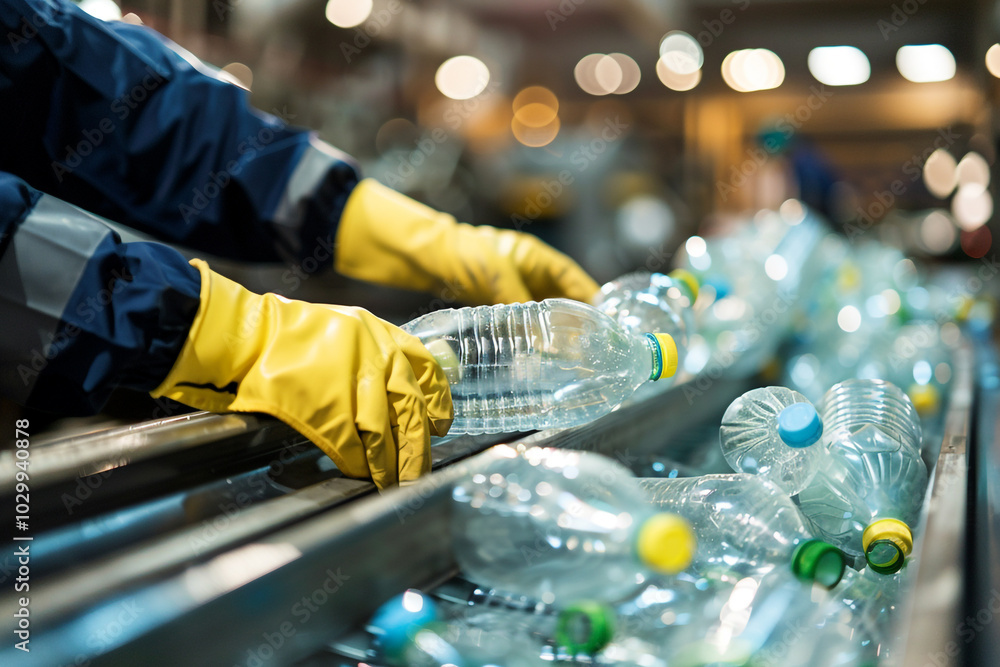 Poster close-up of gloved hands sorting plastic bottles on a conveyor a testament to the dedication in recy