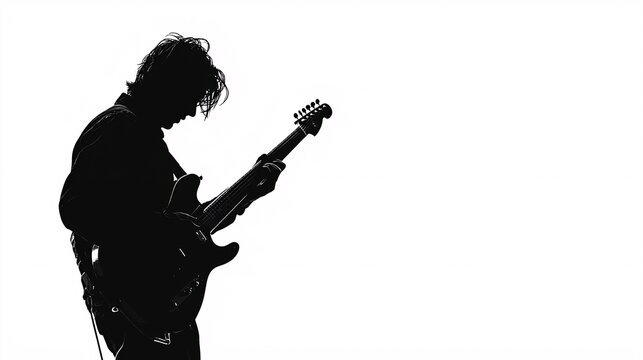 A striking silhouette of a guitarist on a plain canvas, ideal for promoting music events or concert invitations against a white backdrop.