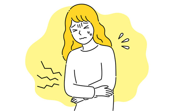 腹痛・生理痛・病気の若い女性・シンプルでポップなベクターイラスト