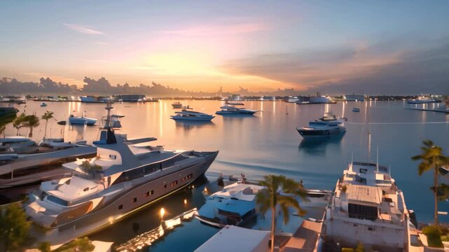 Luxurious yachts docked at a waterfront club, showcasing breathtaking sunset views, Lavish yacht clubs with stunning waterfront views