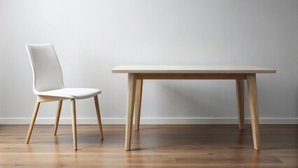 Simple wooden table with white chair in front of it Extreme Close-Up
