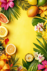 Tropical Fruits and Bright Flowers Setting on a Vibrant Background