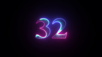 Abstract glowing neon number 32. Blue and purple neon futuristic effect. Trendy glow lighting