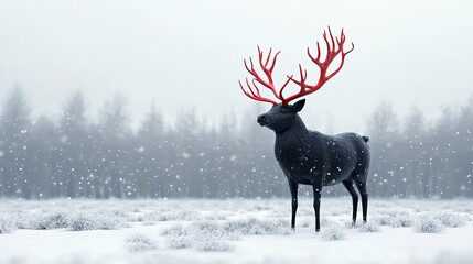 Black Reindeer with Bright Red Antlers Standing in Snowy Field