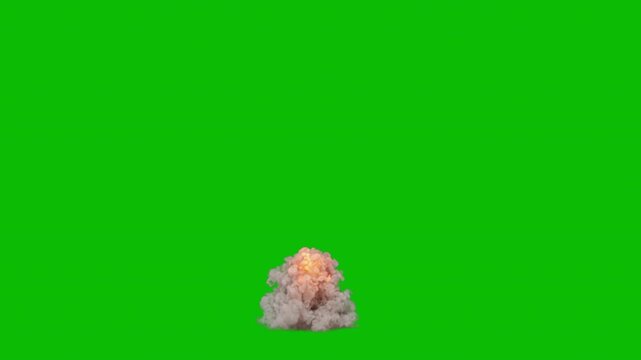 White smoke billows from rocket or missile launch as bright thrust rises, green screen for transparent background, 24P