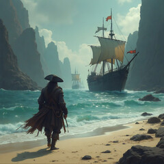 Pirate captain on a stranded island, ships are sailing on to the bay, high detail illustration