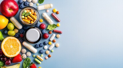 A range of nutritional supplements displayed alongside natural food sources like fruits and vegetables.