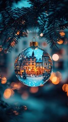 Obraz premium Captivating christmas ornaments reflecting winter wonderland with glowing lights and charming architecture