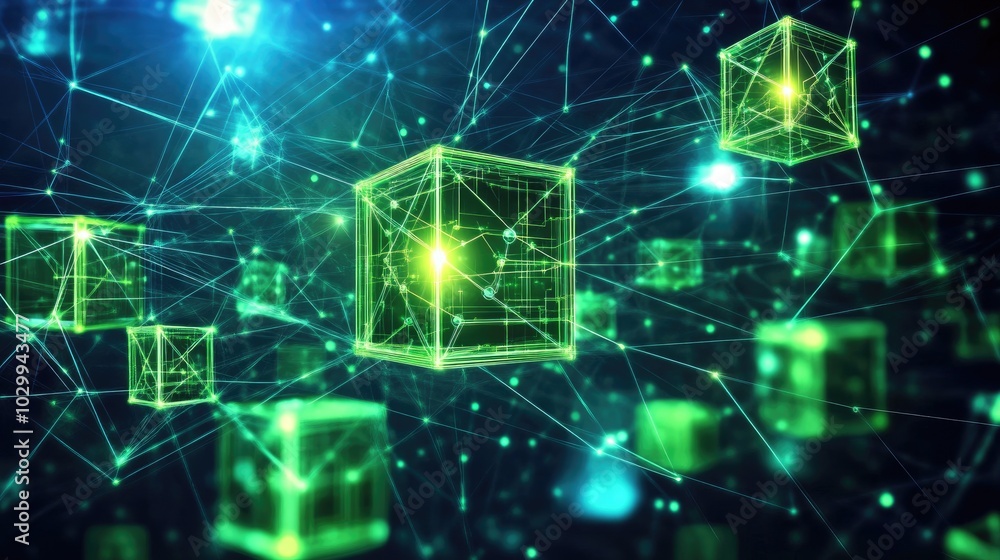 Poster abstract glowing green and blue cubes arranged in a grid, interconnected by lines representing data 