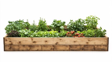 A vibrant garden bed brimming with diverse vegetables and herbs highlights eco-friendly gardening techniques against a pristine white backdrop.