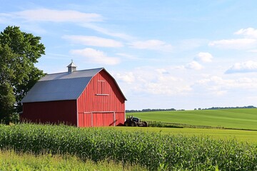 A vibrant red structure contrasts with a clear sky, nestled among verdant fields and rustic farming tools that capture the essence of pastoral life.