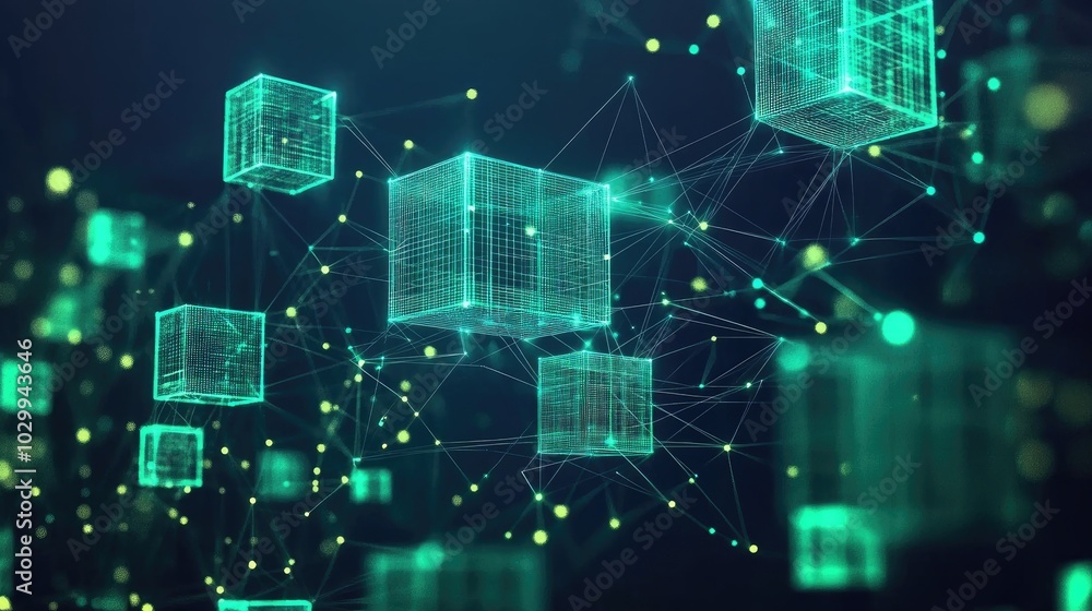 Poster abstract network of cubes, glowing in shades of green and blue, connected by thin, bright lines, vis