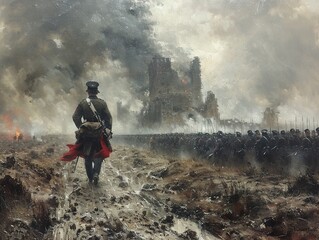 Obraz premium A Soldier's Journey Through a War-Torn Battlefield