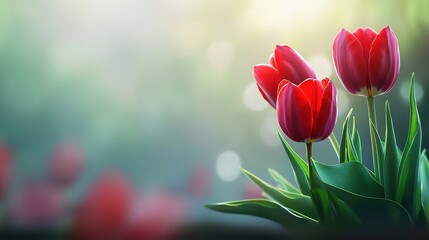 Fototapeta premium A soft focus background of red tulips swaying in the breeze, with lush green leaves complementing the deep red petals.