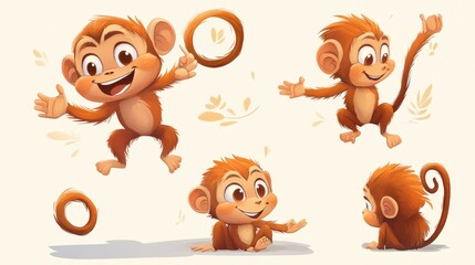Adorable cartoon monkeys in various poses, including jumping, sitting, and climbing, vector illustration for fun designs.