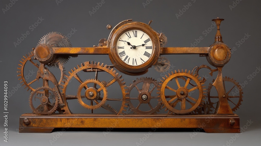 Poster an artistic clock with exaggerated gears and mechanical elements, combining timekeeping with industr