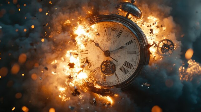 An exploding clock shatters into fragments, gears and glass scattering through smoke and fire, showing the urgency of time running out.