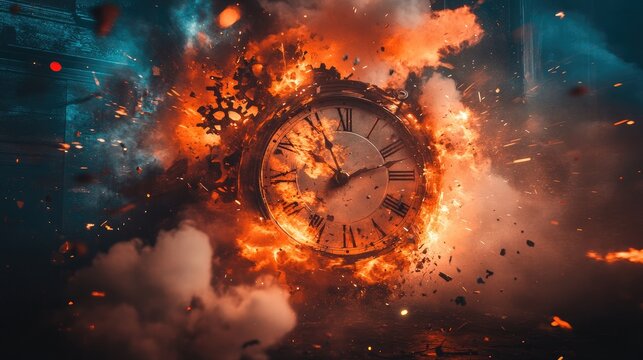 An intense explosion of a clock, with shattered glass, gears, and smoke filling the air, symbolizing time running out.
