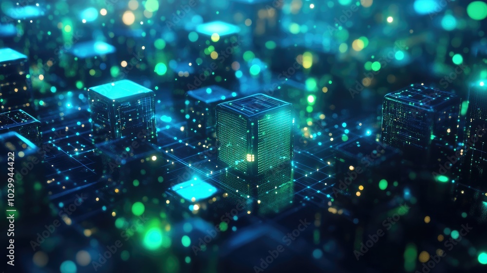 Poster blue and green cubes emitting light, linked by glowing lines, representing data transmission in a vi