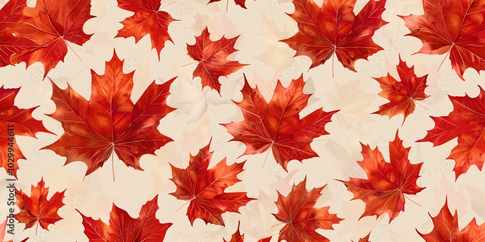 Poster a pattern of red maple leaves on a white background. the leaves are arranged in a way that creates a