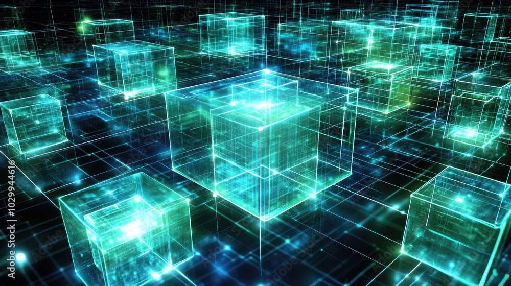 Poster blue and green cubes emitting light, linked by glowing lines, representing data transmission in a vi