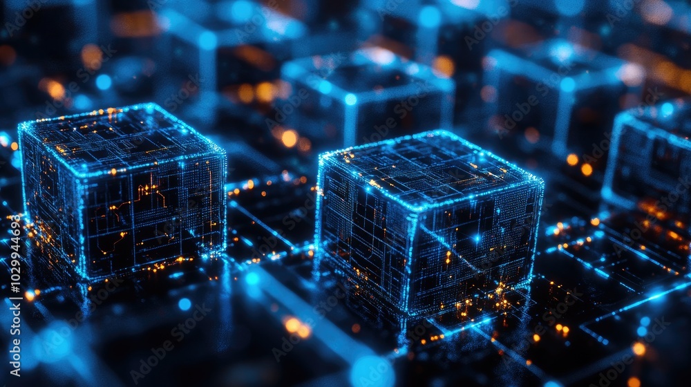 Poster blue cubes linked by glowing lines, representing a futuristic data network or blockchain system.
