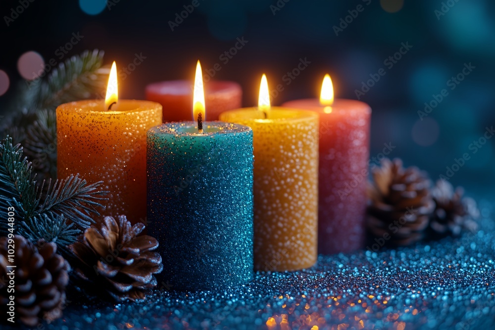 Poster a group of candles with different colors and sizes are lit up on a blue background. the candles are 