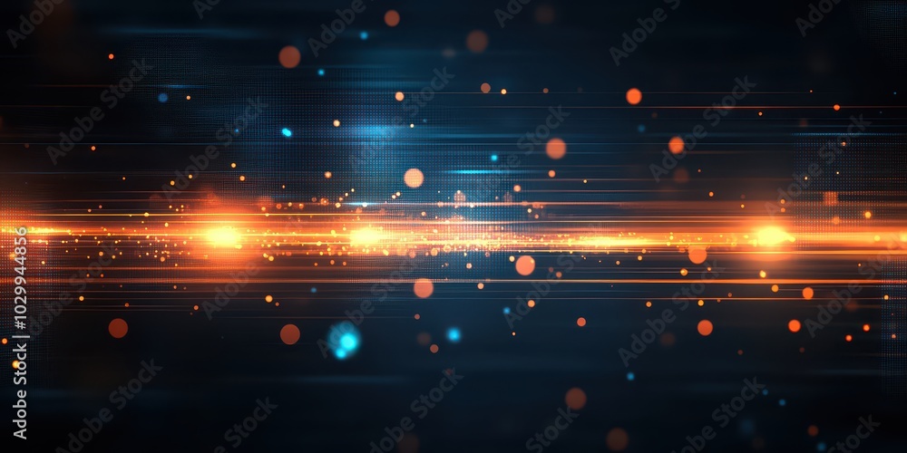 Poster exploring the dynamics of abstract blue and orange digital networks with glowing dots and lines for 