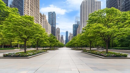 Fototapeta premium A Cityscape with Trees and a Wide Paved Path Leading to Skyscrapers Soft Pastel Background for Graphic Design Templates