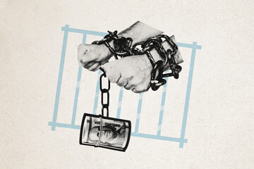 Composite trend artwork sketch image photo collage of anonymous hand hold handcuffs metal chain control money roll dollar earnings prison