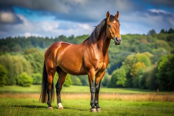Obraz premium Stallion standing in rural field with a barn in the background