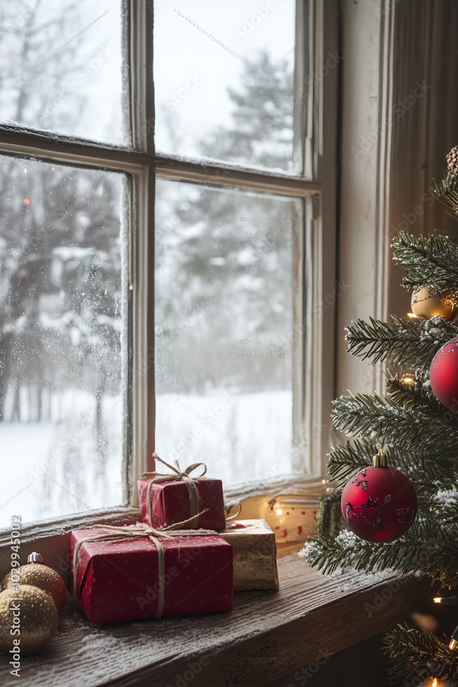 Aufkleber a window with a christmas tree and presents in front of it. the presents are wrapped in red paper an