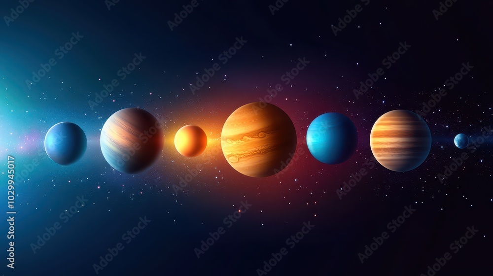Poster a view of the solar system, with planets aligned in space and surrounded by distant stars and nebula