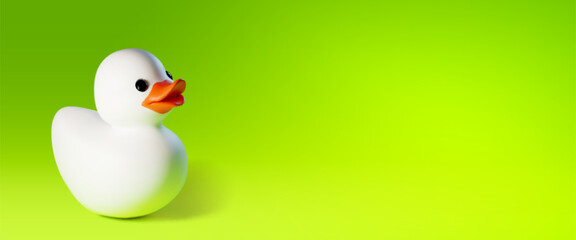 White rubber or plastic bath duck toy with orange squeak on green background with empty space for text. Realistic 3d vector illustration of funny duckling bird bathroom hygiene kid game accessory.