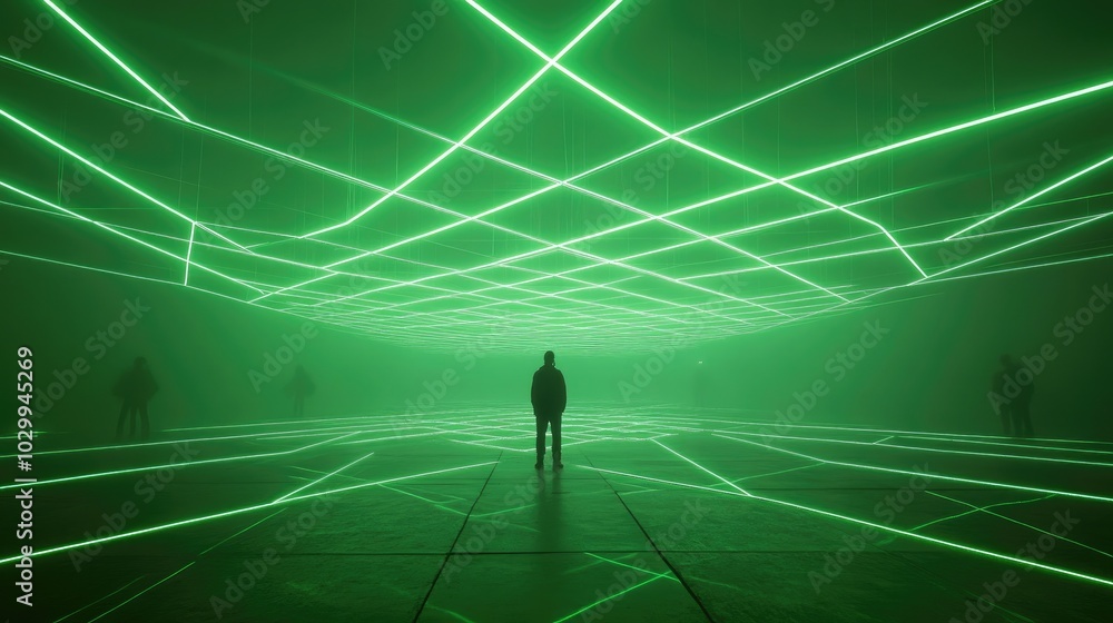 Poster bright neon green lasers crossing in a grid formation, hovering over a foggy, dark setting for a dyn
