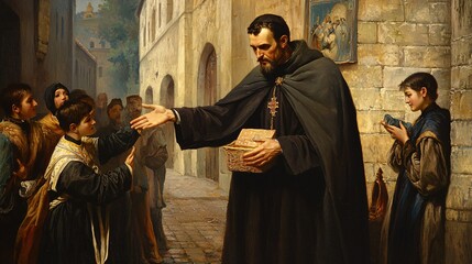 Saint Vincent de Paul is portrayed in a touching moment, exemplifying compassion through his selfless service to those in need.