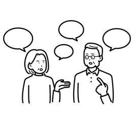 会話、話し合いをするシニアの夫婦のイラスト　線画のみ